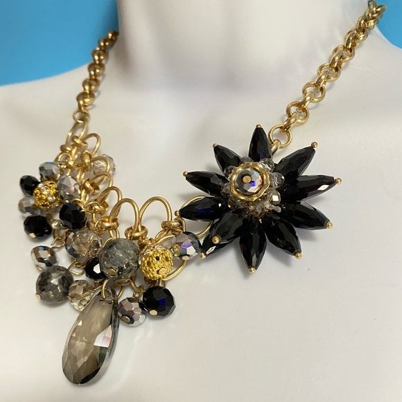Jewelry - Goldtone & Black Glass Beads Statement Necklace